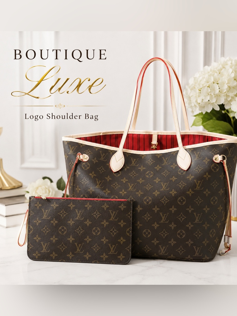 Boutique Luxe | Brown Monogram Shoulder Tote with Red Lining